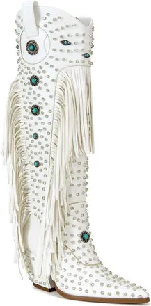 Azalea Wang Bennett Fringe Cowboy Boot in White at Nordstrom, Size 7.5