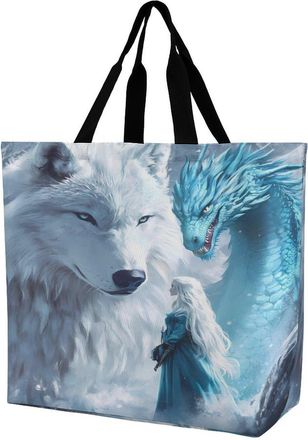 Generic Wolf And Dragon Large Reusable Shopping Bag Lightweight Foldable Tote Bags Washable Shoulder Handbag