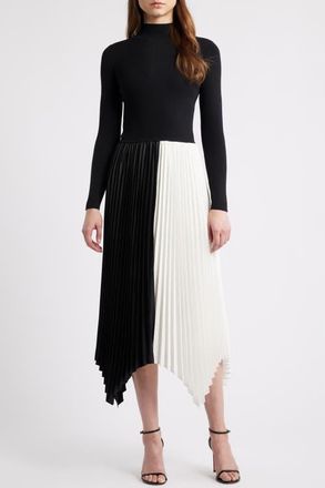 Elie Tahari The Elsa Long Sleeve Mixed Media Midi Dress in Noir/Sky White at Nordstrom, Size X-Small