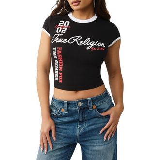 True Religion Sporty Contrast Crop Stretch Cotton Graphic T-Shirt in Jet Black at Nordstrom, Size Xx-Large