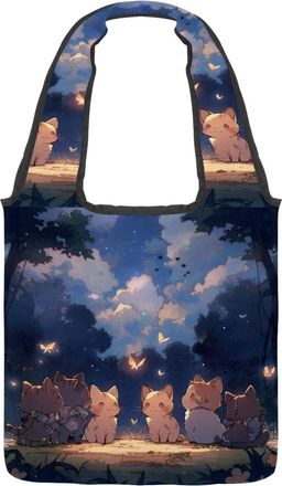 Generic Cute Cartoon Kitten Reversible Canvas Shoulder Tote - Double-Sided Print, 12oz Cotton, 27cm Drop, Fold-Flat Bag for Travel, Shopping, Street Outings