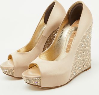 Gina Beige Satin Crystal Embellished Peep Toe Platform Wedge Pumps