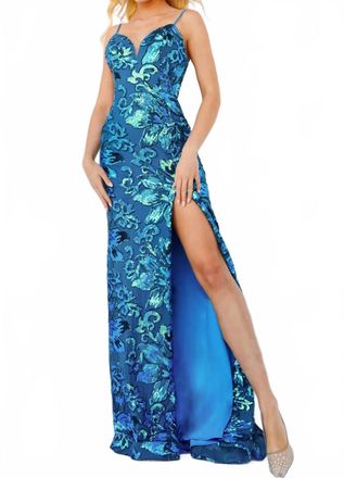 Jovani Sequin Embellished High Slit Gown In Royal Blue
