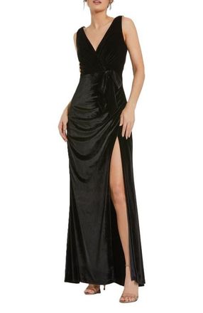 Mac Duggal Deep V High Slit Draped Velvet Fitted Gown in Black at Nordstrom, Size 14