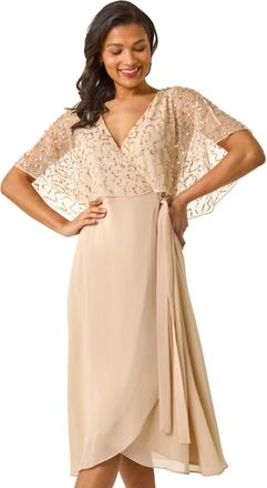 Roman Womens Sequin Embellished Chiffon Wrap Maxi Dress - Natural - Size 14 UK