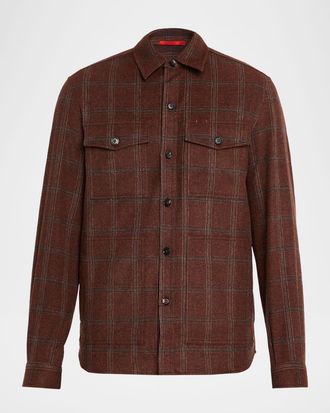 Isaia Mens Wool and Cashmere Windowpane Check Overshirt