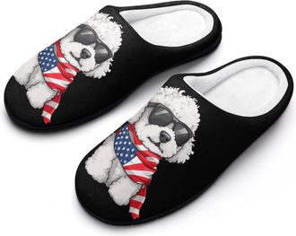 Generic 4th Of July US Flag Bichon Frise Dog Womens Slippers Warm House Slippers Indoor House Shoes with Anti-Skid Rubber Sole