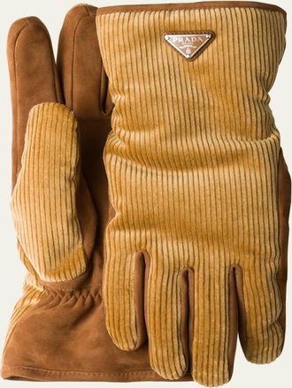 Prada Mens Velluto Coste Corduroy and Suede Gloves