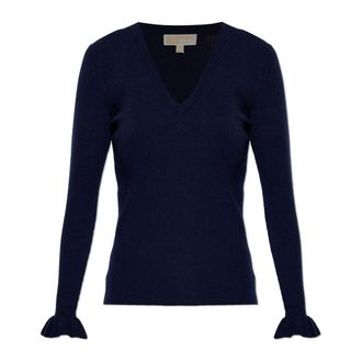 Michael Kors V-neck Knitwear, female, Blue, Size: XS Ribbed Wool Blend V-Neck Sweater
