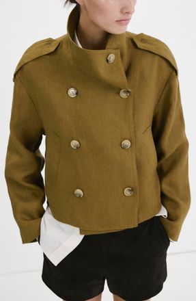 Mango Funnel Neck Linen Jacket in Olive Green at Nordstrom, Size X-Small