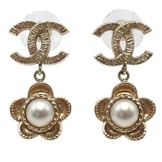 Chanel Gold Plated Faux Pearl Flower Drop Push Back Earrings