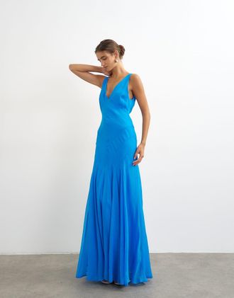Topshop vestito lungo da cerimonia con gonna a pannelli blu
