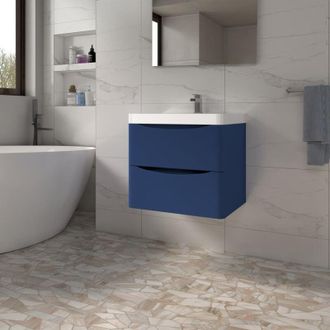 NRG Bathroom Wall Hung Vanity Unit Basin Sink Drawers Storage Matt Blue Furniture uk
