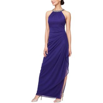 Alex Evenings Dress Womens Purple Mesh Side Slit Beaded Halter Neck FROG371