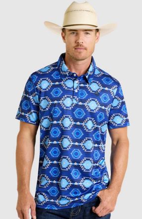 Rock & Roll Cowboy Aztec Printed Tek Polo Shirt In Royal