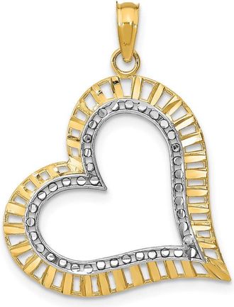Diamond2Deal 14k Yellow Gold Rhodium Diamond-cut Large Tilted Heart Charm