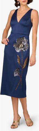 Aidan Mattox Beaded V-Neck Midi Dress in Navy at Nordstrom, Size 12