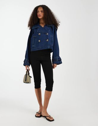 Vero Moda Trench corto doppiopetto in denim blu scuro-Blu navy