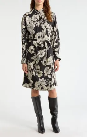 Melloday Floral Tie Belt Long Sleeve Dress in Black Flower Multi at Nordstrom Rack, Size X-Small