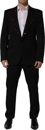 Dolce & Gabbana Mens Black Crystal Embellished 2 Piece Suit Virgin Wool Silk Polyester