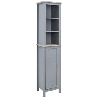 HOMCOM kleankin Bathroom Floor Storage Cabinet with 3 Tier Shelf and Cupboard with Door - Free Standing Linen Tower - Tall Slim Side Organizer Shelves - Grey