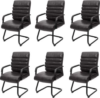 Hhg Lote De 6 Sillones De Conferencia Hhg-841, Silla De Comedor Basculante Vintage Aspecto Ante Metal Mvg, Imitaci&oacute;n Cuero Negro