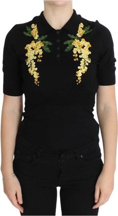 Dolce & Gabbana Polo Shirts, female, Black, Size: 3XS Elegant Black Silk Floral Polo Top