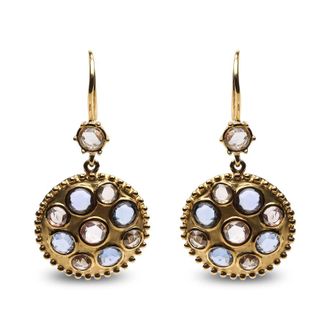 House of Brilliance 18K Yellow Gold 1 2/3 Cttw Diamond and Blue Sapphire Bezel Set Gemstone Cluster Medallion Dangle Earrings