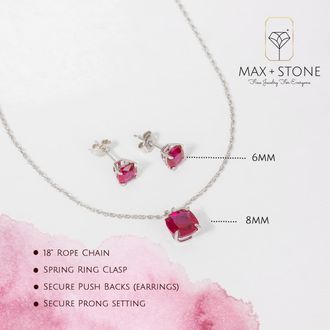 MAX + STONE 925 Sterling Silver Cushion Cut Gemstone Stud Earrings and Pendant Necklace