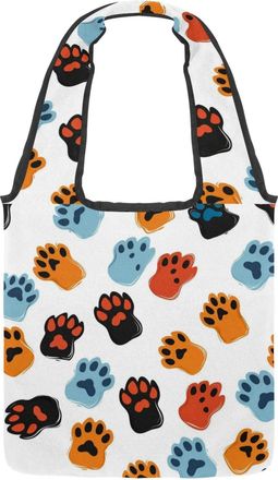 Generic Paw Prints Cartoon Print Reversible Canvas Shoulder Tote - Double-Sided Print, 12oz Cotton, 27cm Drop, Fold-Flat Bag for Travel, Shopping, Street Outi