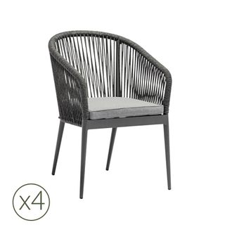 Kerama Pack de 4 sillas de jardin de aluminio antracita y cuerda con coj&iacute;n