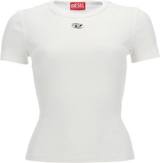 Diesel Slim geribbelde T-shirt met metalen Oval D - Dames - T-shirts - Wit - L - Katoen - Tops