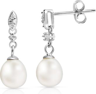 MAX + STONE 925 Sterling Silver Freshwater Pearl & Diamond Dangle Earrings