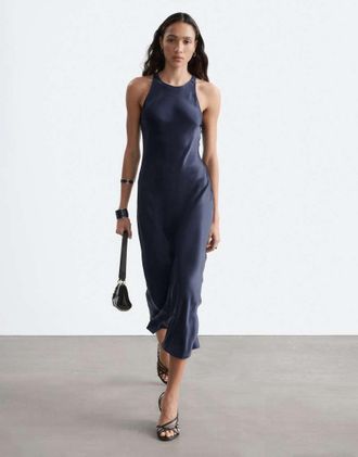 & Other Stories abito midi in raso taglio sbieco blu notte-blu navy