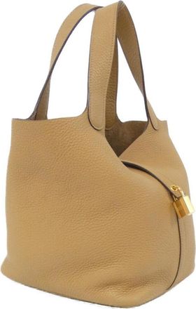 Herm&egrave;s Beige Brown Brown Taurillon Clemence Leather Handbag Tote Bag (Pre-Owned)