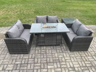 Fimous Rattan Outdoor Garden Furniture Sofa Set Gas Fire Pit Dining Table Gas Heater with Side Table Love Sofa Dark Grey Mixed