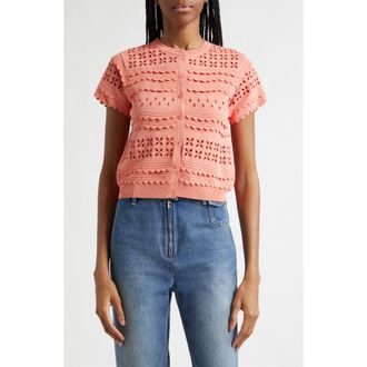 Ulla Johnson Abriana Eyelet Scallop Trim Cardigan in Coral Peony at Nordstrom, Size X-Large