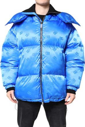 Dolce & Gabbana Blue Logo Full Zip Hooded Quilted Mens Jacket