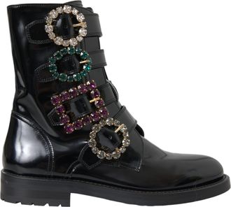 Dolce & Gabbana Womens Patent Leather Buckle Boots Crystal Embellished - Black - Size EU 35