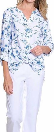 Multiples Embroidered Tie Front Blouse In Blue And White