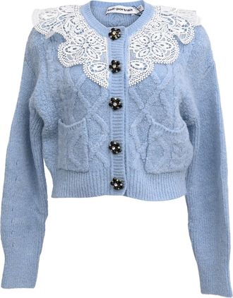 Self Portrait Cable-Knit Lace-Trimmed Cardigan in Light Blue Acrylic