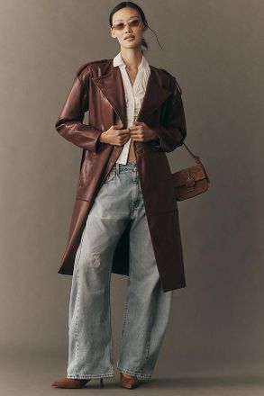 NVLT Faux Leather Belted Trench Coat Jacket
