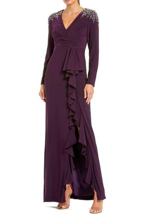 Mac Duggal Long Sleeve Gown with Cascading Ruffle & Rhinestone Shoulders in Amethyst at Nordstrom, Size X-Small