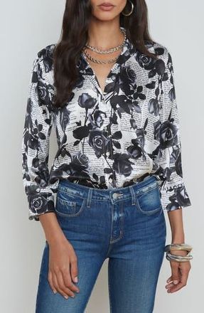 L'agence Dani Floral Silk Charmeuse Blouse in White/Black Rose Newspaper at Nordstrom Rack, Size Xx-Small