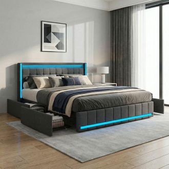 OEM Cama 2 Plazas 140x190 - Pocketpop - Lino Gris Oscuro - 4 Cajones - Cabecera Con Usb Y Led