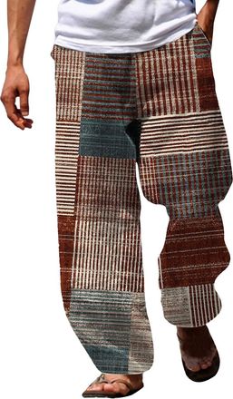 Generic Mens Cotton Linen Trousers - Hippy Patchwork Colorful Color Block Holiday Casual Pants Elastic Waist Beach Yoga Pants with Drawstring Jogging Bottoms 