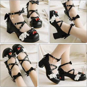 Kesyoo WomenS Four Seasons Heeled Leather Pumps Bowknot Decoration, Mid Heel Black Size 42, Elegant Single Shoes for Office and Party Wear