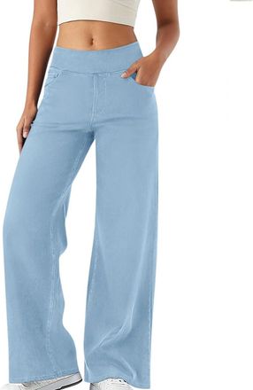 Generic Pull on Wide Leg Jeans for Women, High Waisted Stretchy Baggy Trendy Tummy Control Straight Leg Jeans Denim Pants