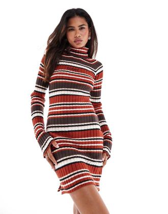 Kickers Vestito maglia aderente dolcevita marrone e rosa r&eacute;tro a righe-Multicolore