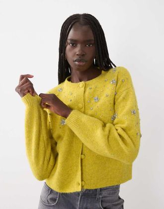 Miss Selfridge cardigan impreziosito con bottoni e dettaglio tasche in chartreuse-Verde